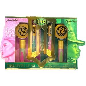 Wicked For Good Glinda Elphaba Green Pink Glitter Lip Gloss Set with OZ Charms